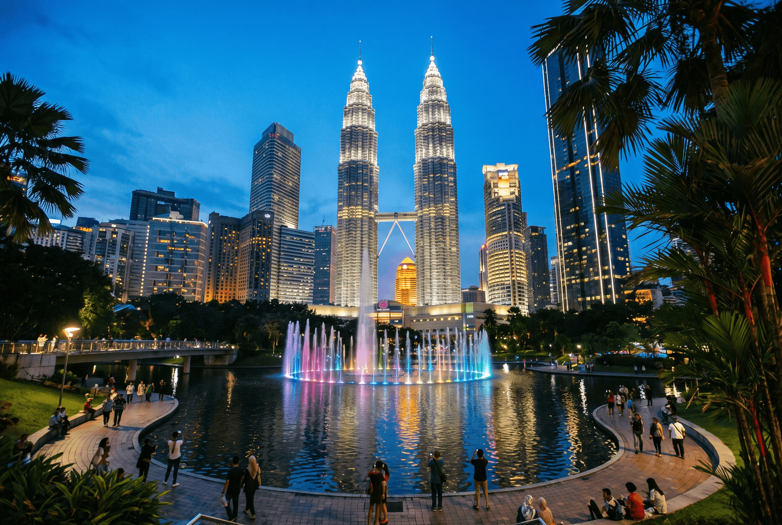Petronas Twin Towers from KLCC park at blue hour with fountains