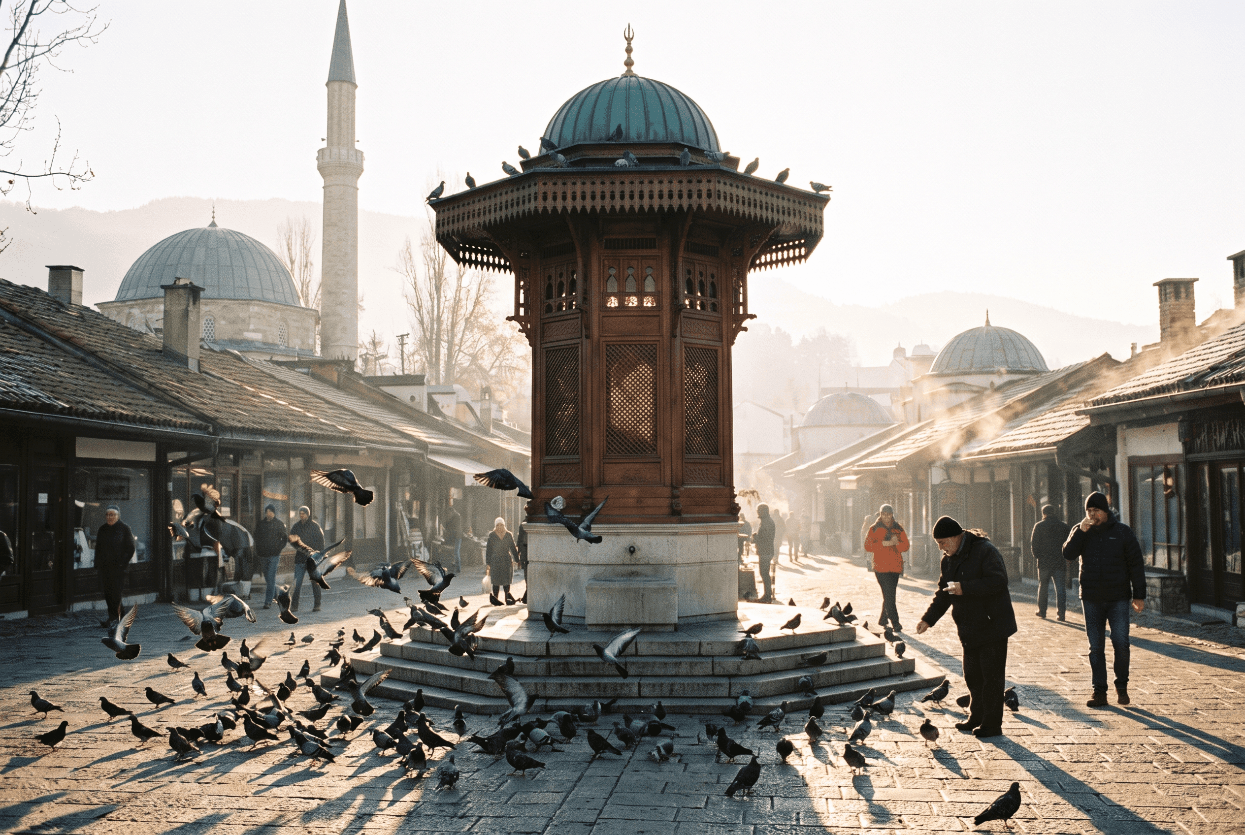 Baščaršija Sarajevo old bazaar with Sebilj fountain and pigeons