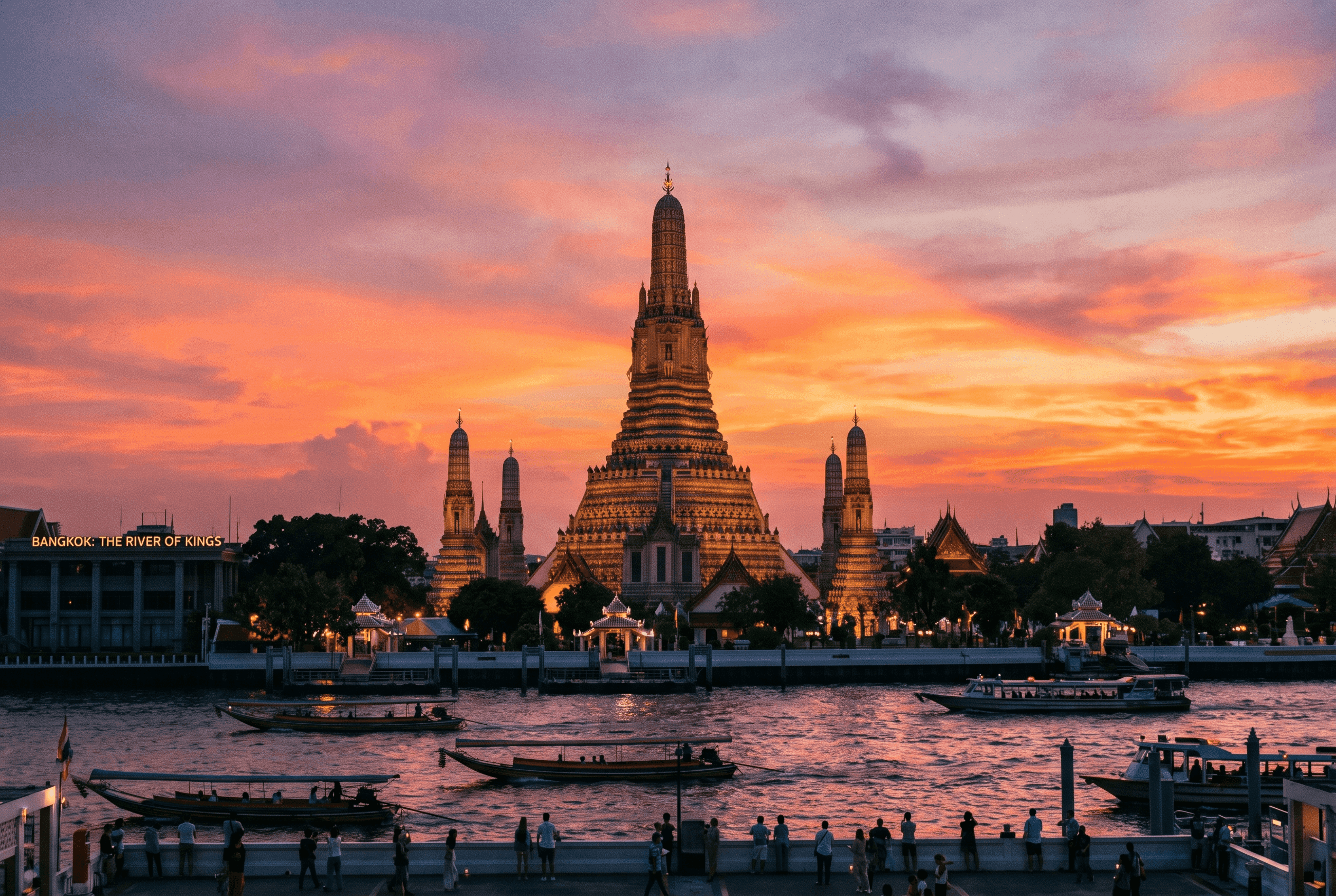 Wat Arun temple across the Chao Phraya river at sunset