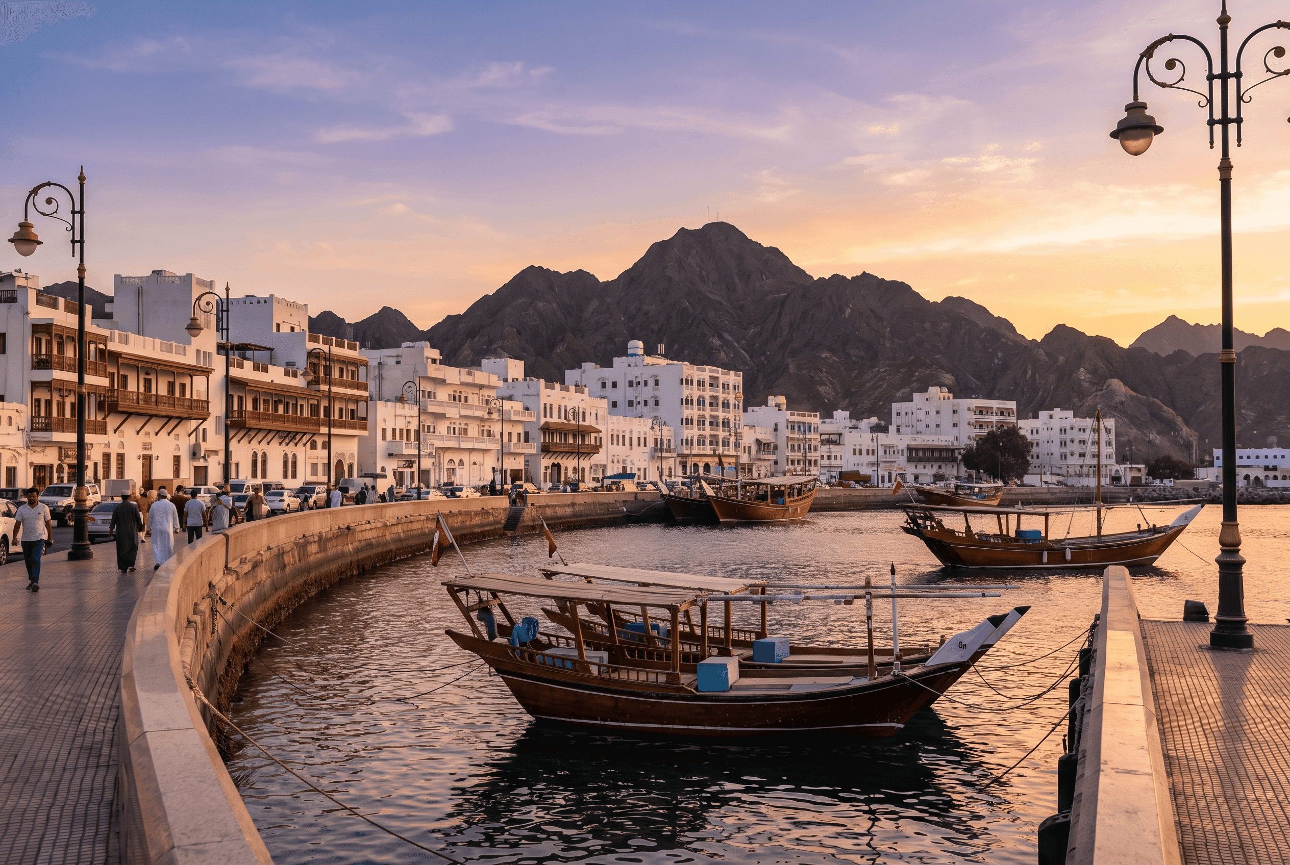 Mutrah Corniche Muscat at sunset with dhows