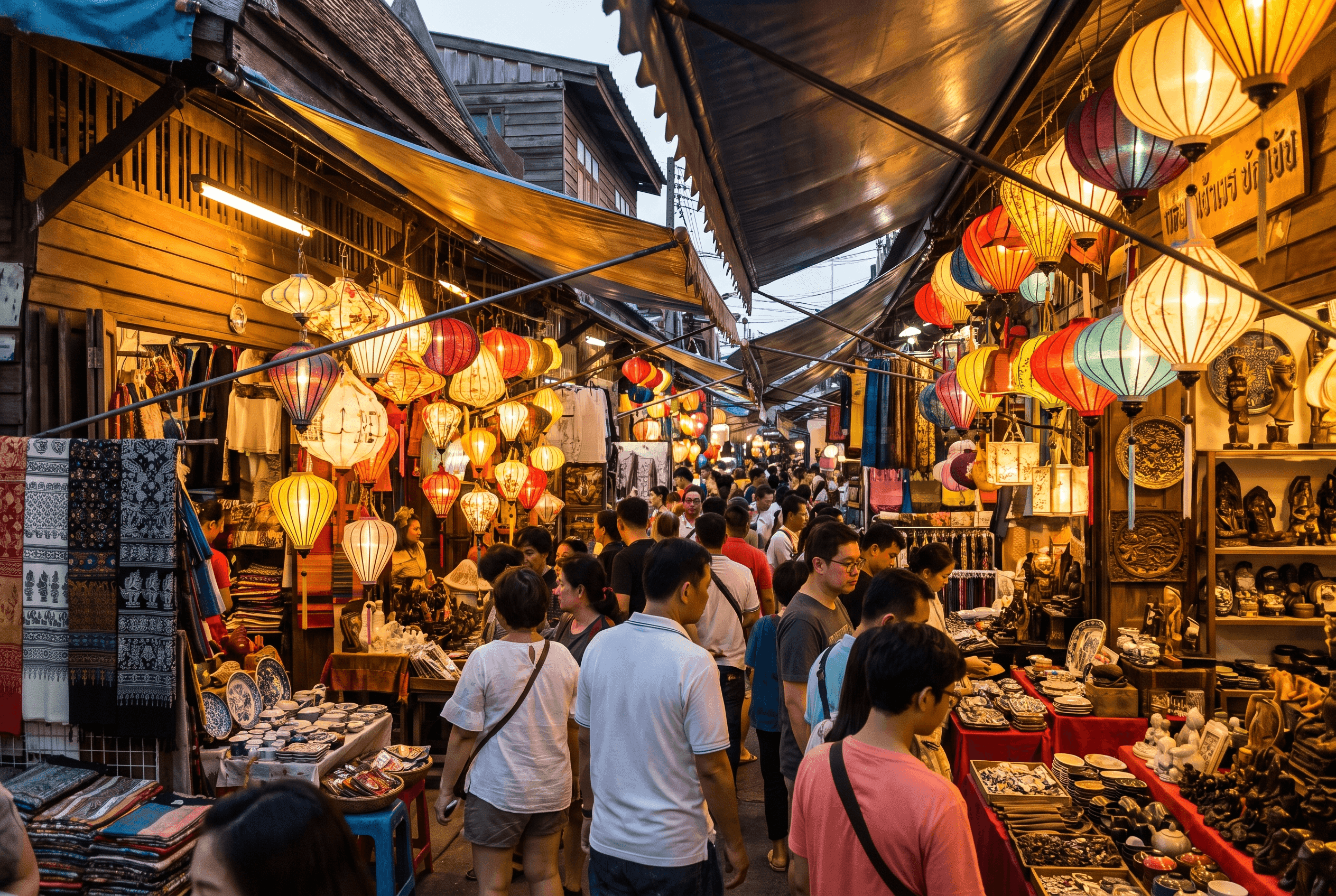 Chatuchak weekend market stalls with lanterns and crafts