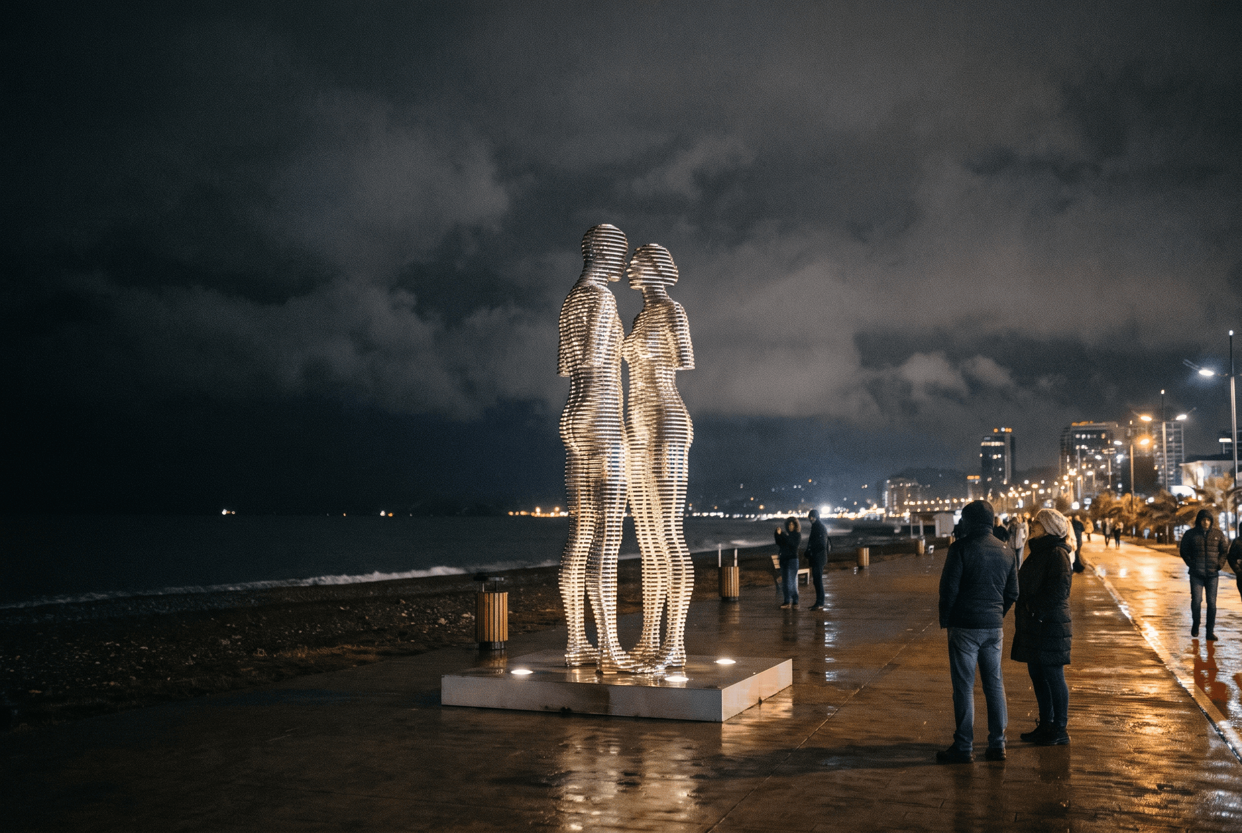 Ali and Nino moving statue Batumi at night with sea