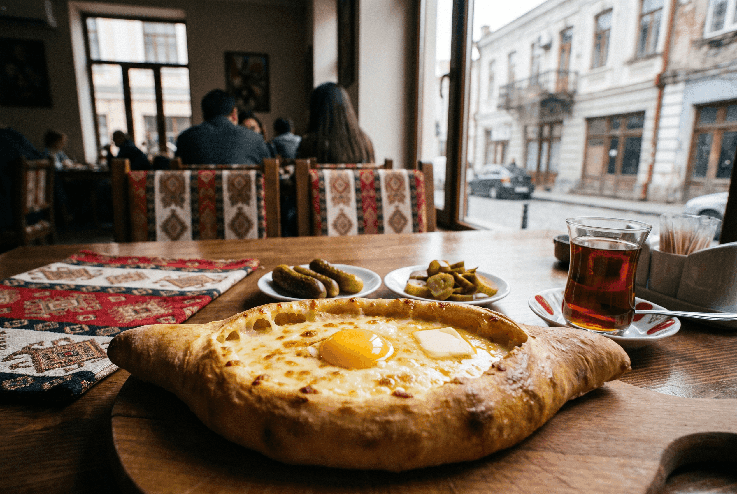 Adjarian khachapuri with egg and butter in a Batumi café