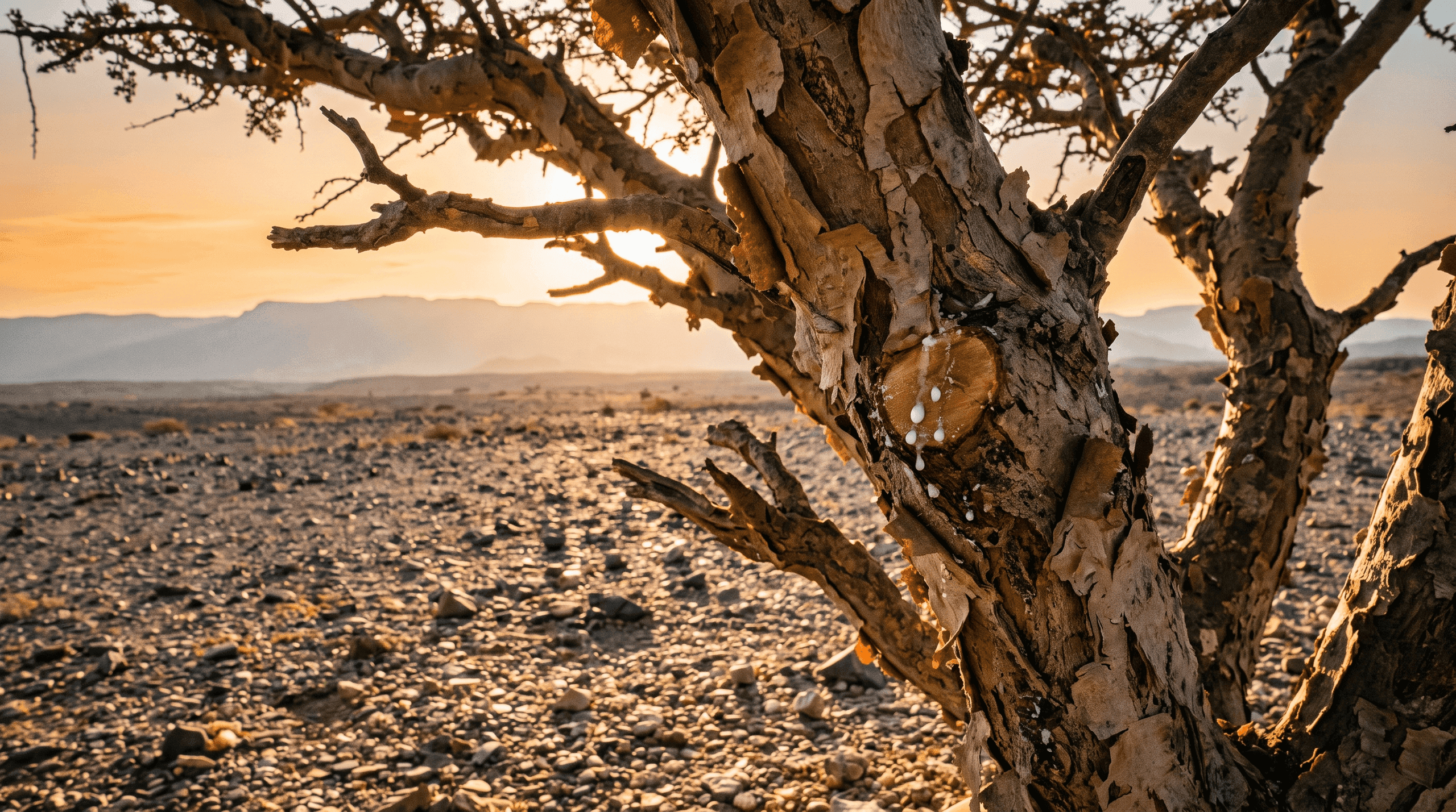 Frankincense tree in Wadi Dawkah near Salalah at golden hour
