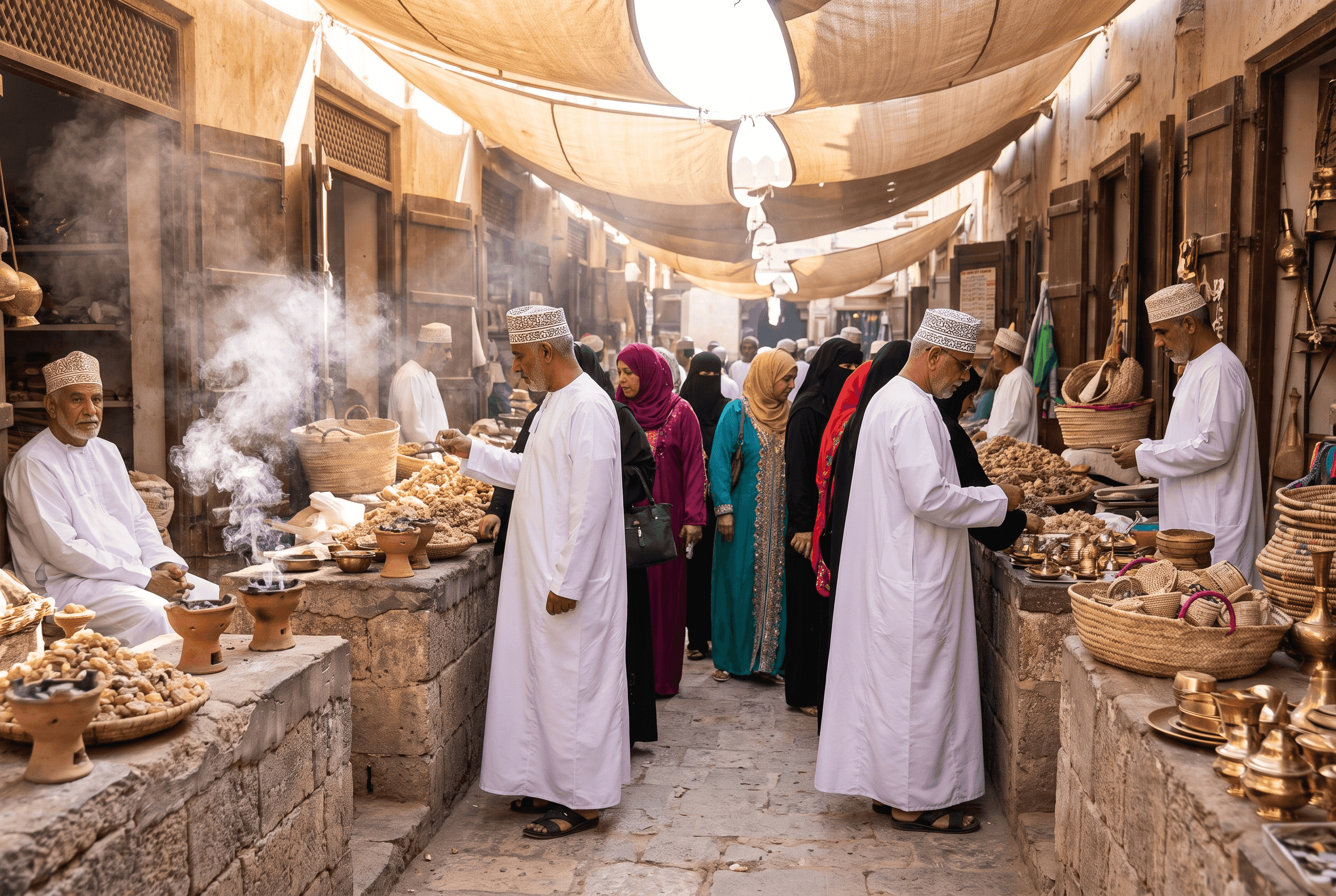 Frankincense souq in Salalah with burning incense and traditional goods