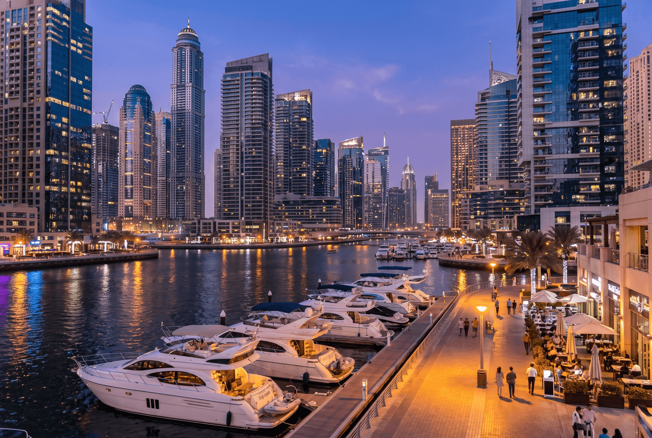 Dubai Marina promenade at night with yachts and skyscraper reflections