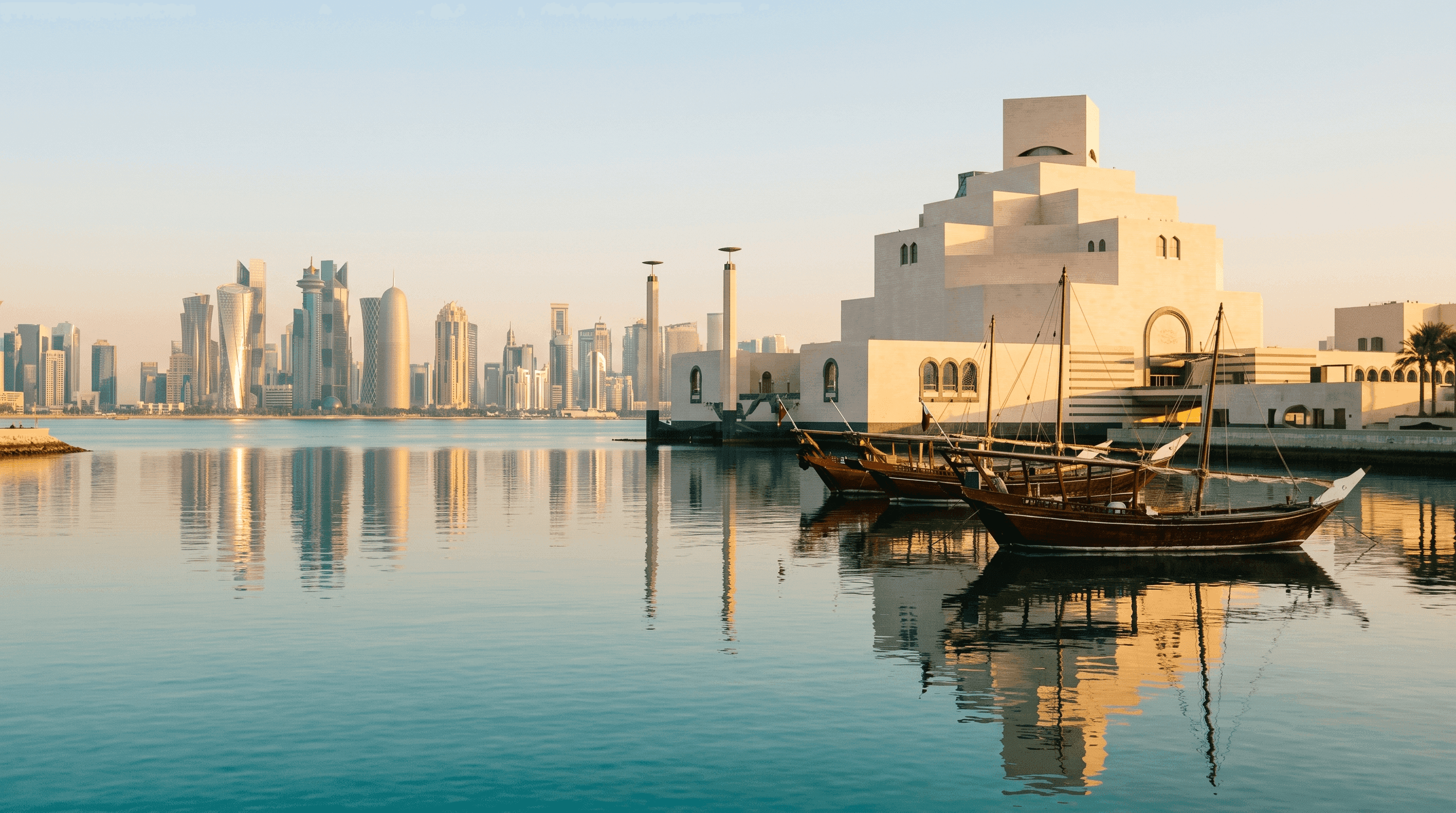 Museum of Islamic Art in Doha at golden hour with traditional dhows and the West Bay skyline