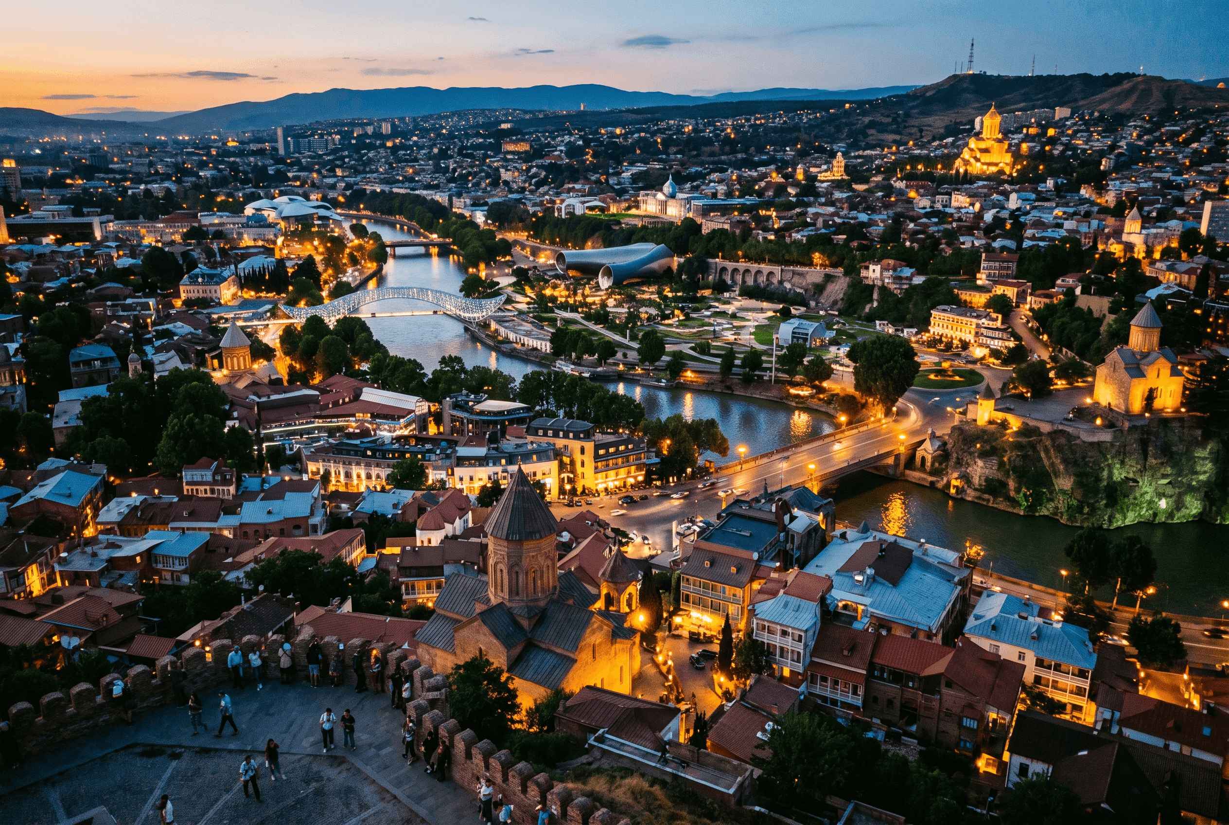 Tbilisi old town from Narikala fortress at dusk