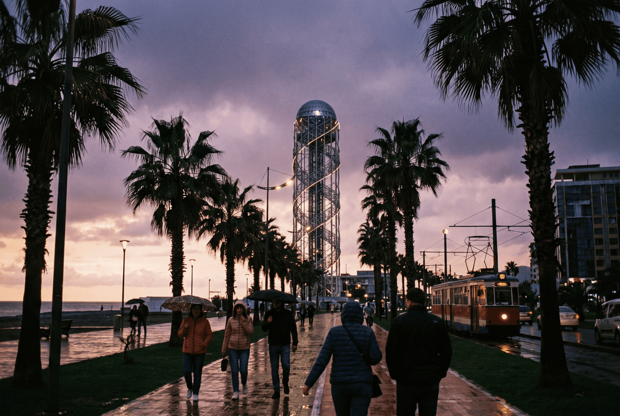 Batumi seaside boulevard with Alphabetic Tower and palm trees at dusk