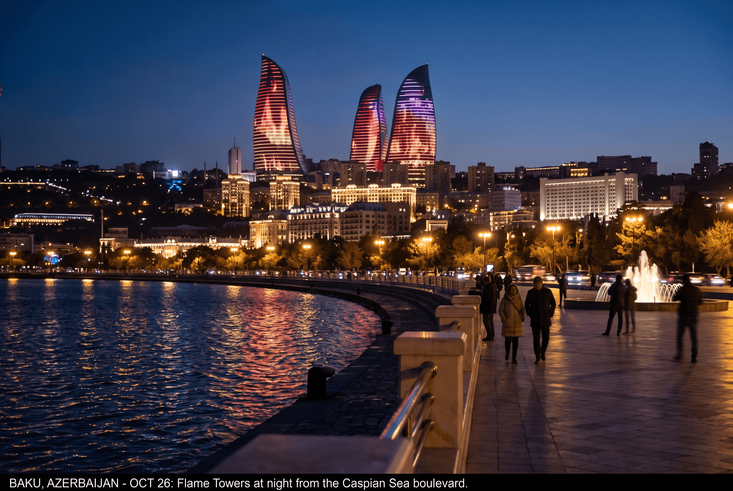 Baku Flame Towers illuminated at night from the Boulevard