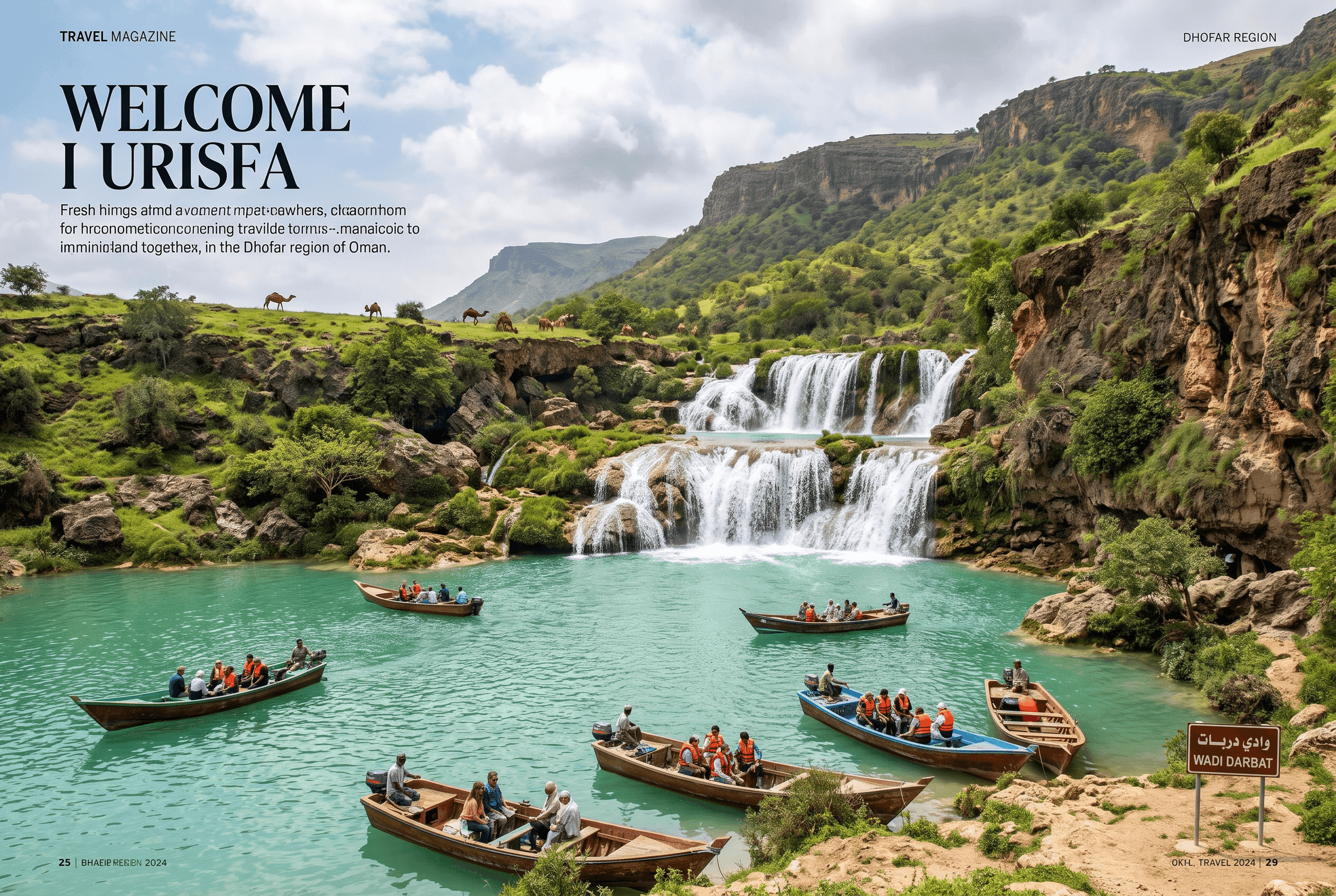 Wadi Darbat waterfall and lake with boats