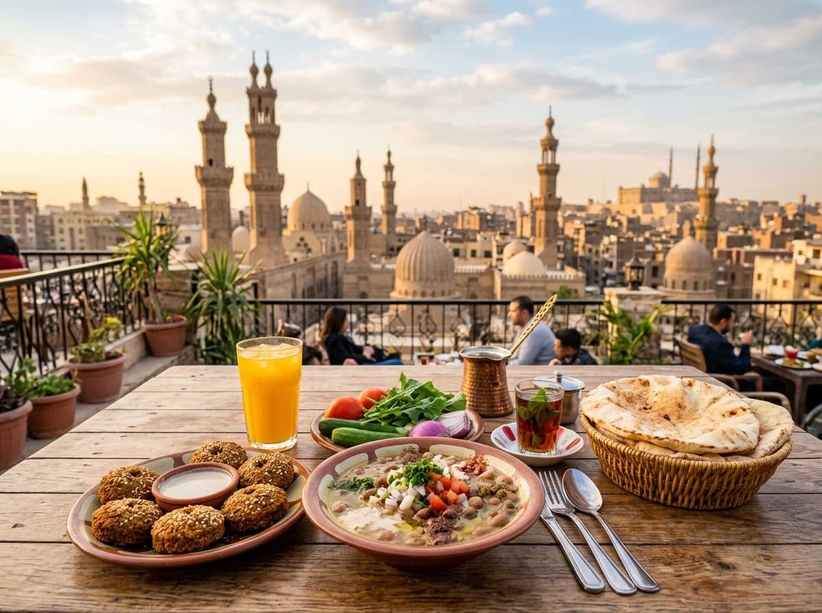 Egyptian breakfast on a Cairo rooftop
