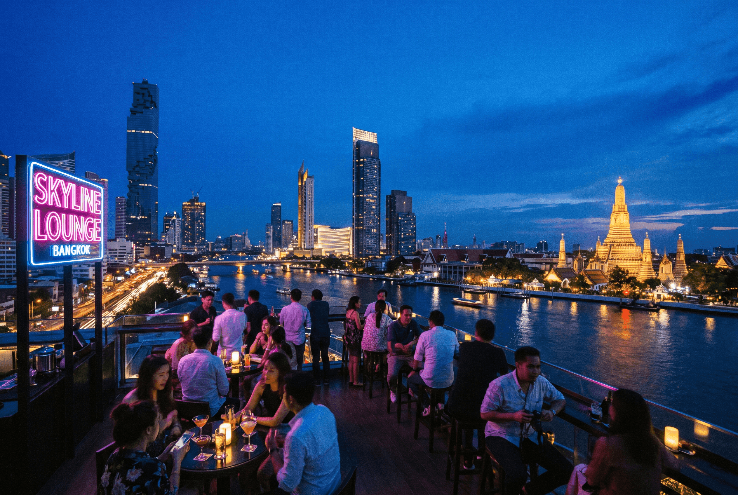 Bangkok skyline from a rooftop bar at blue hour