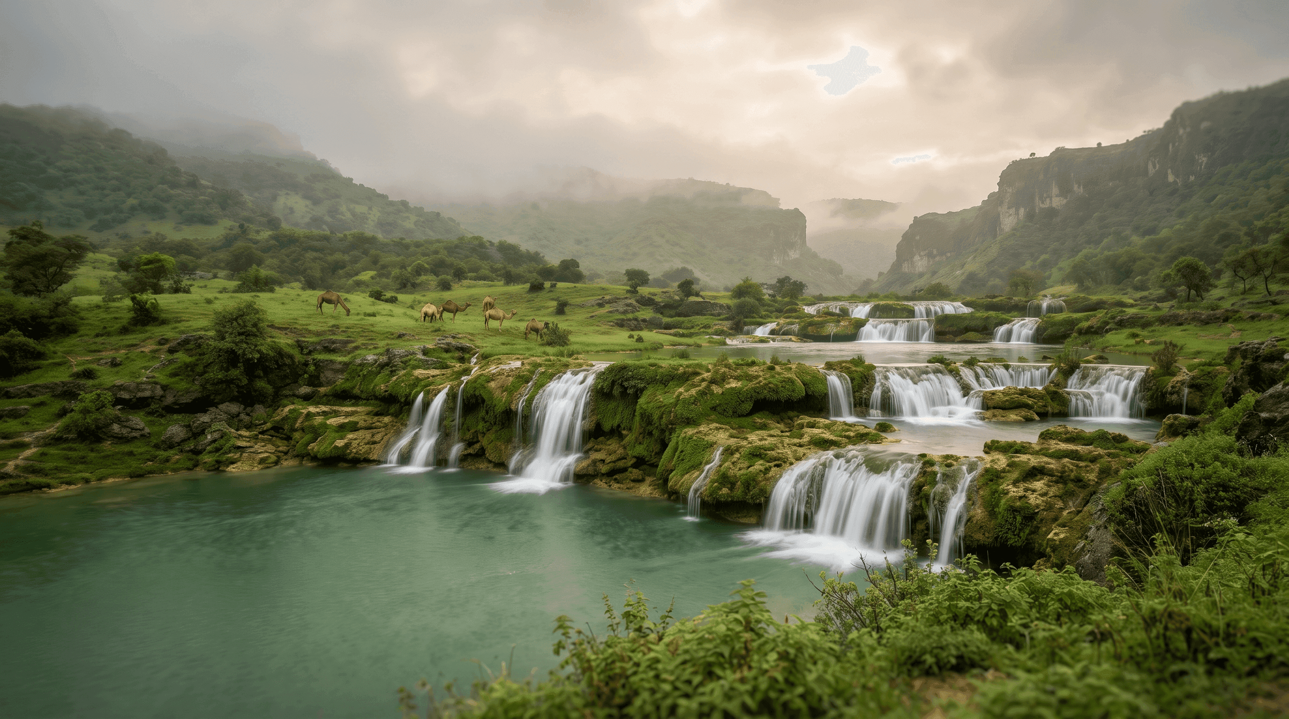 Waterfalls and green misty hills at Wadi Darbat near Salalah during khareef