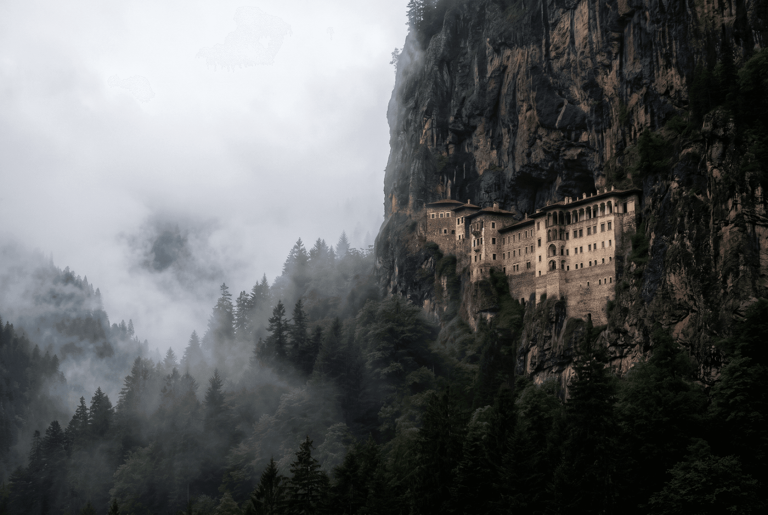 Sumela Monastery clinging to the cliff above the forest