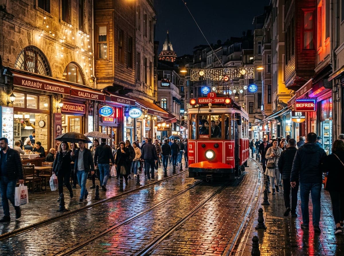 Karaköy street at night with the tram
