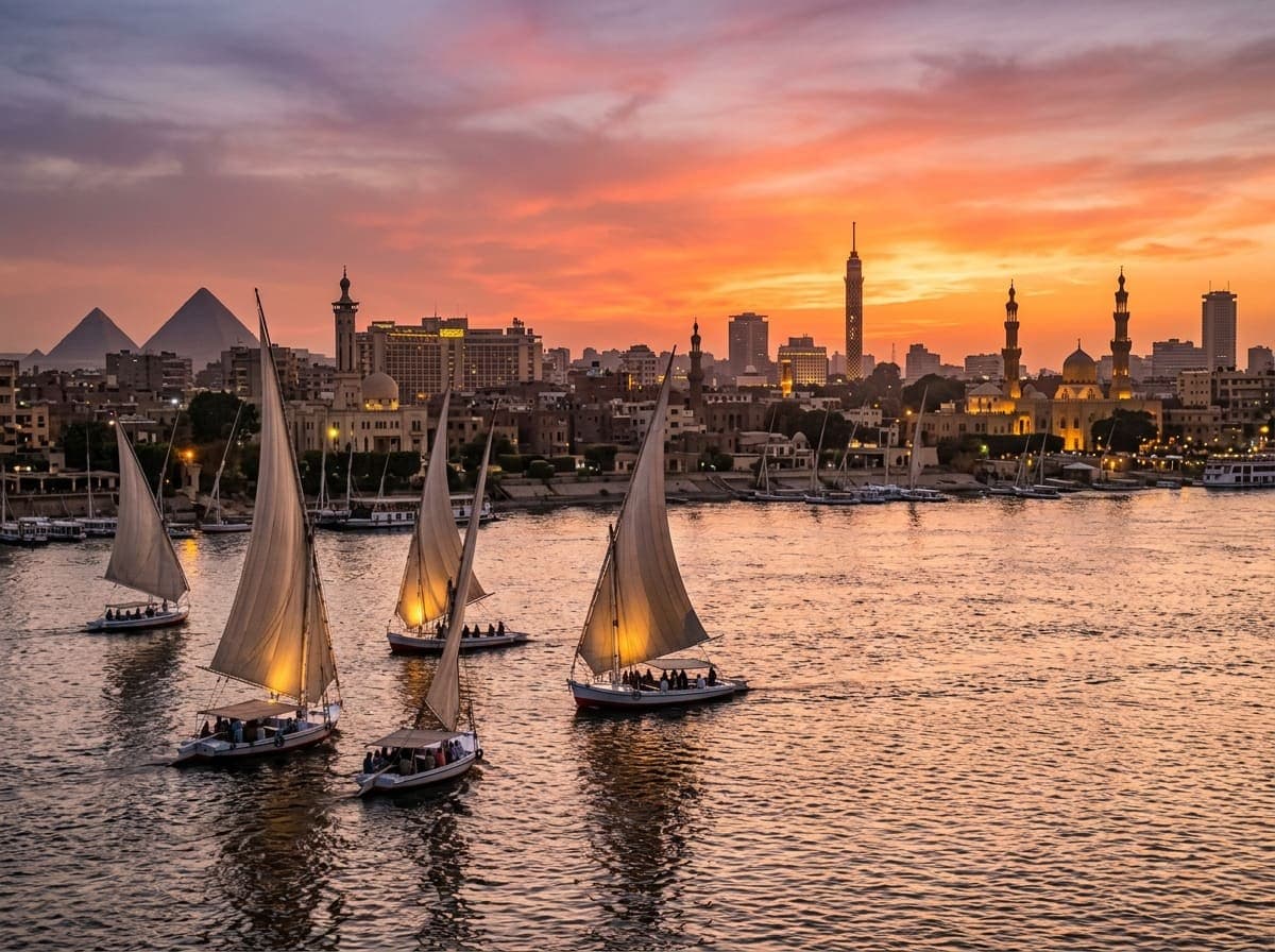 Feluccas on the Nile at sunset
