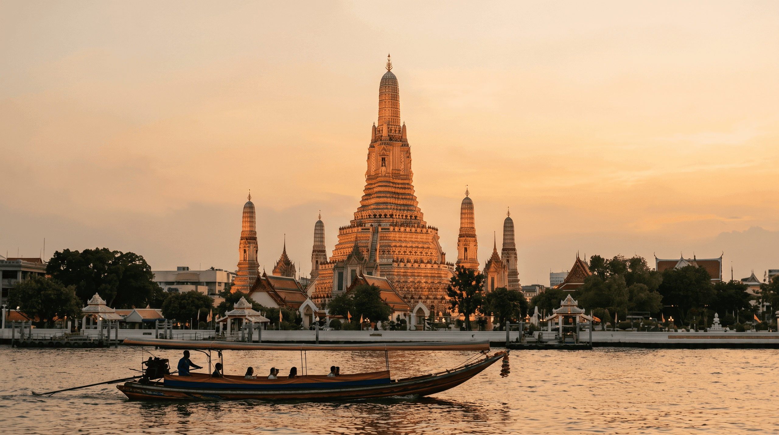 Wat Arun temple beside the Chao Phraya River in Bangkok at sunset with a long-tail boat passing