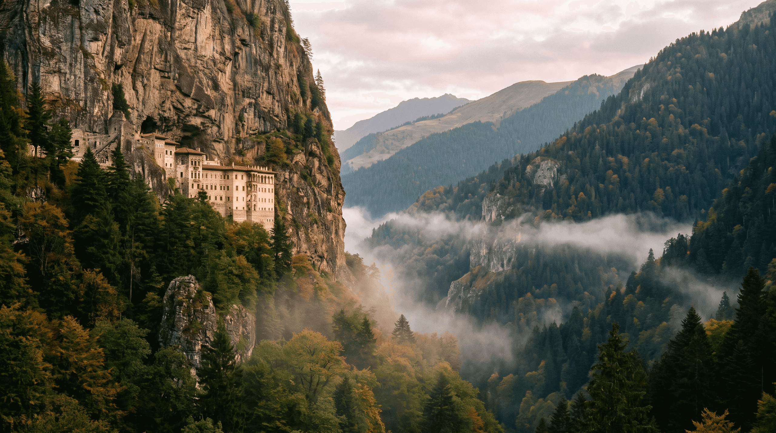Sümela Monastery built into a cliff face above the misty Altındere Valley near Trabzon