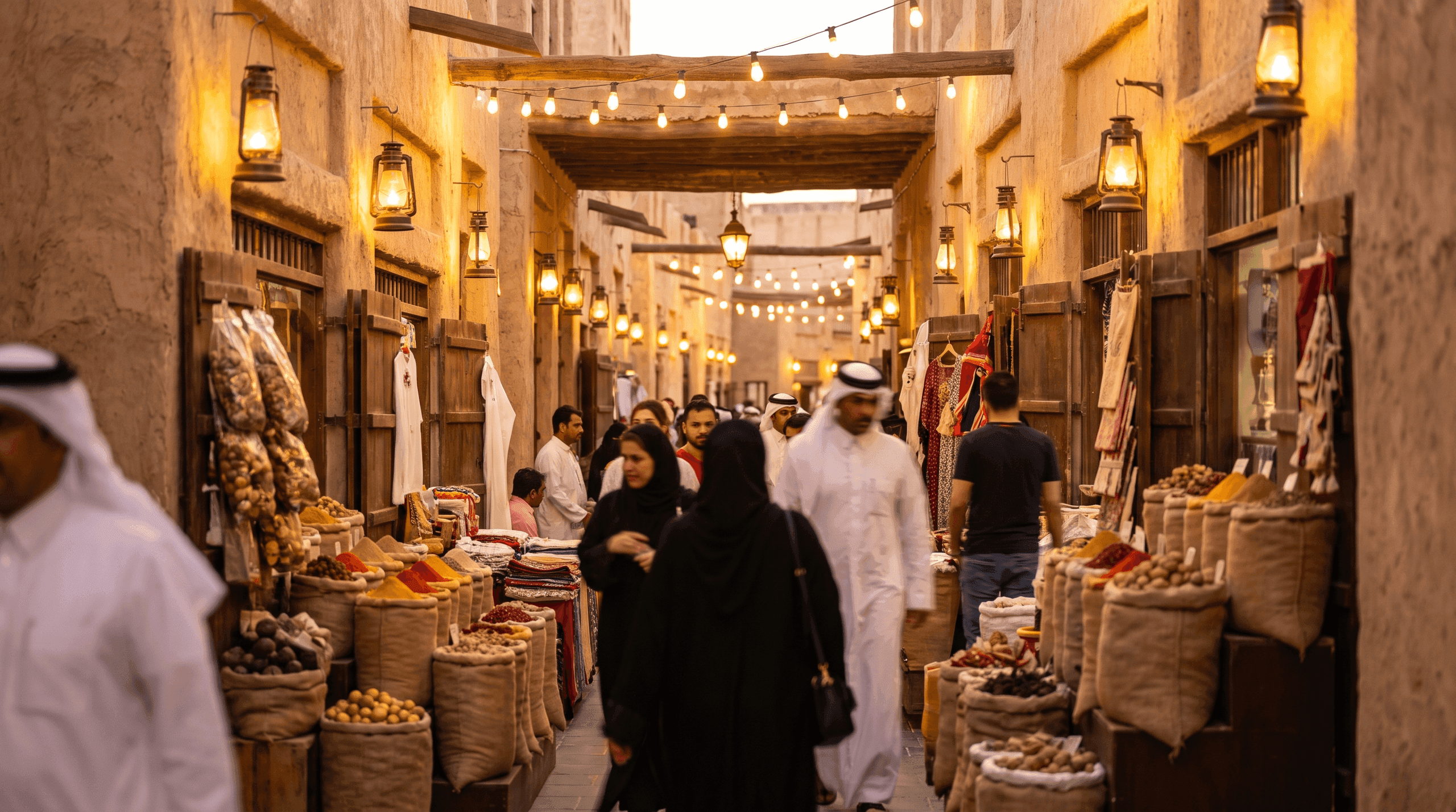 Lantern-lit spice stalls in a lane of Souq Waqif in Doha at dusk