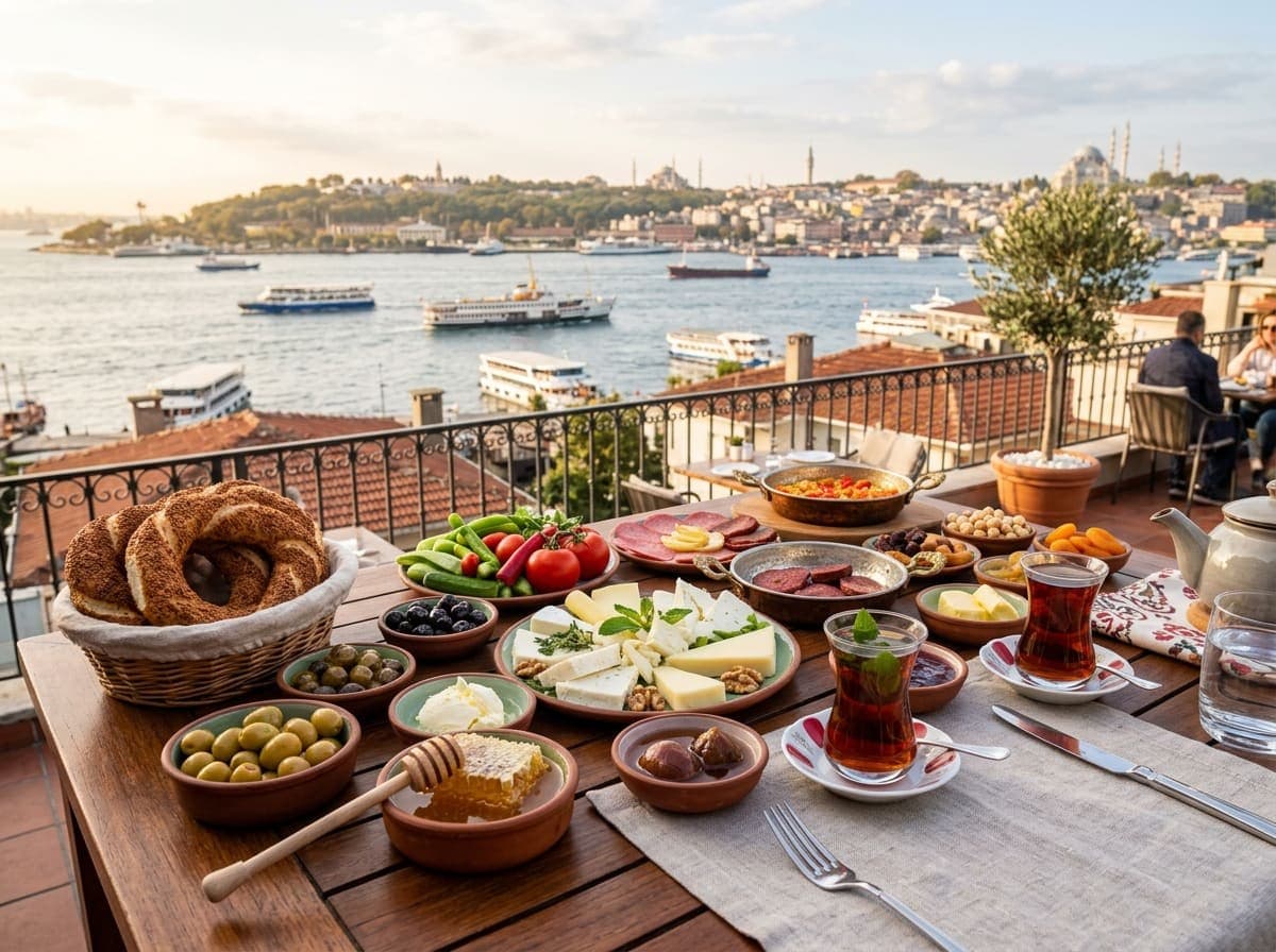 Turkish breakfast on a Bosphorus terrace