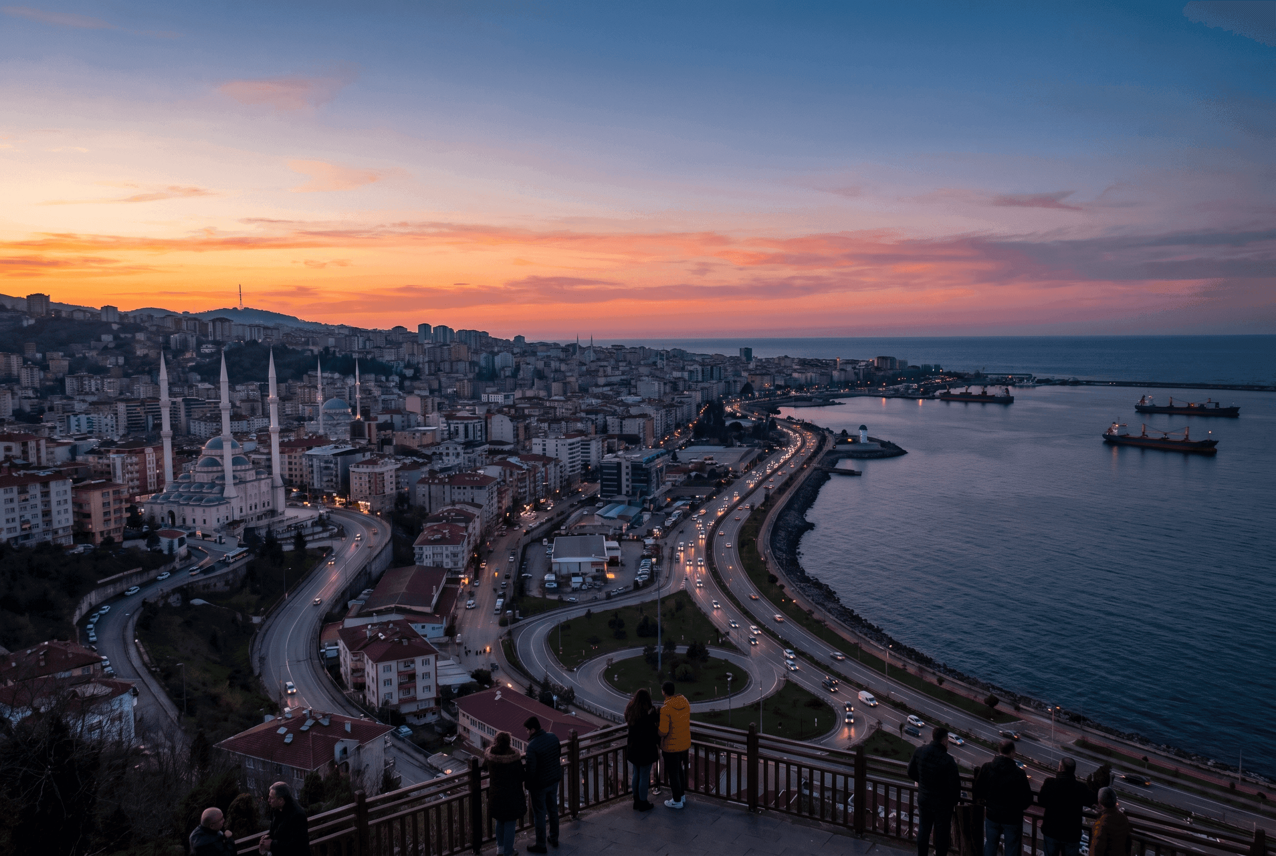 Trabzon Black Sea coast and city from Boztepe hill at sunset