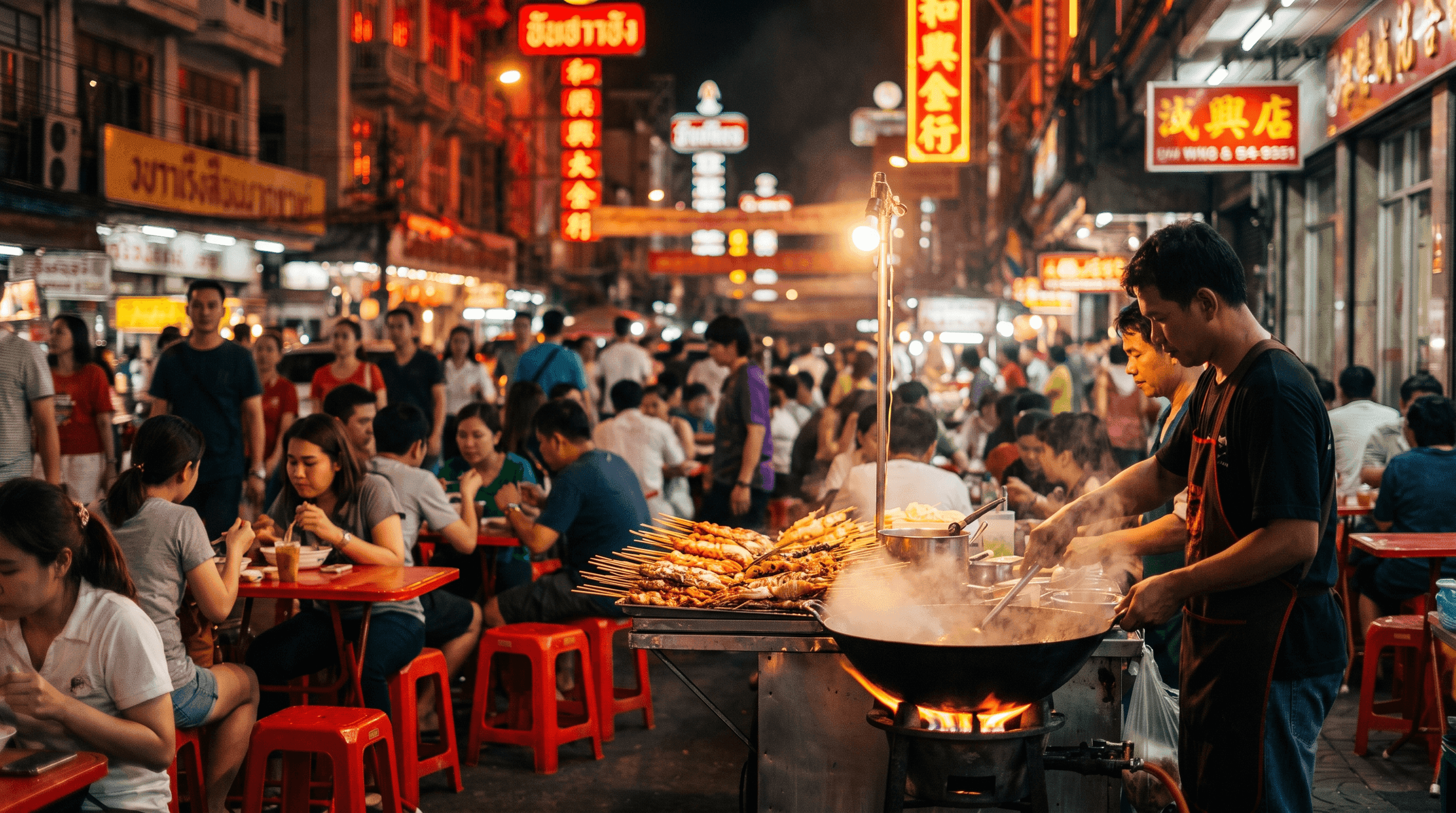 Street food stalls and neon signs on Yaowarat Road in Bangkok's Chinatown at night
