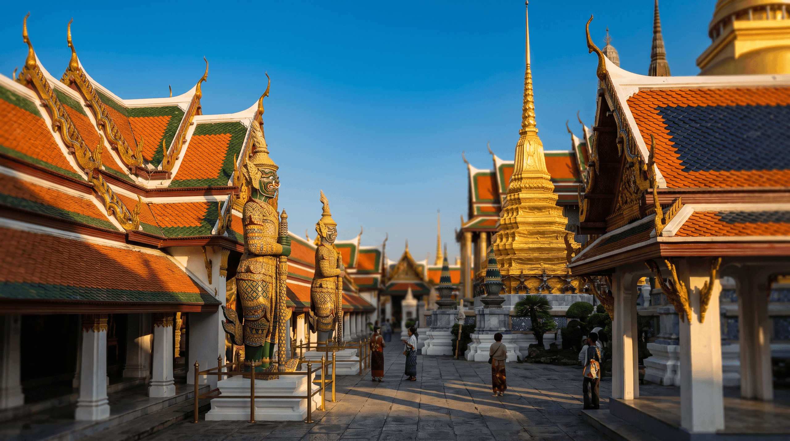 Gilded spires and ornate roofs of the Grand Palace in Bangkok in morning light