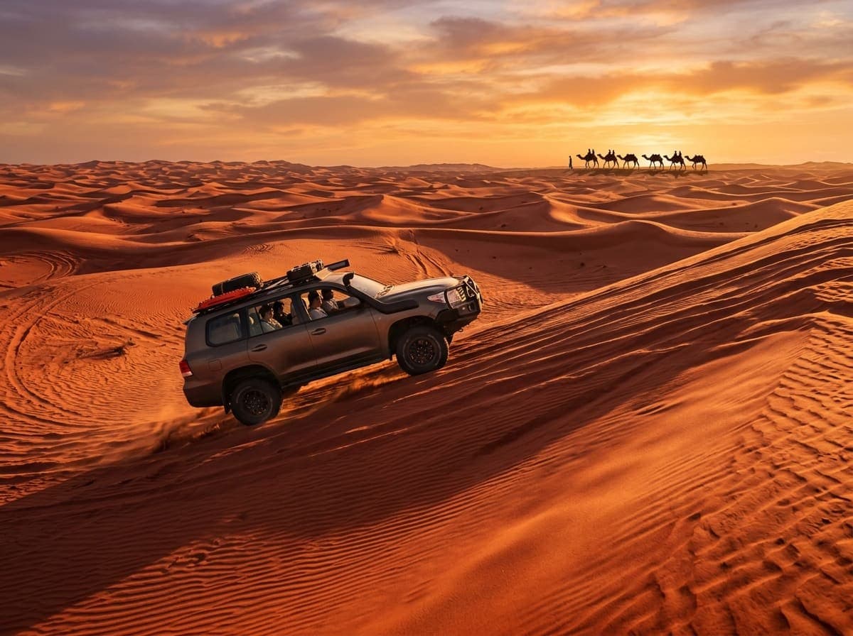 Desert safari on red dunes at golden hour