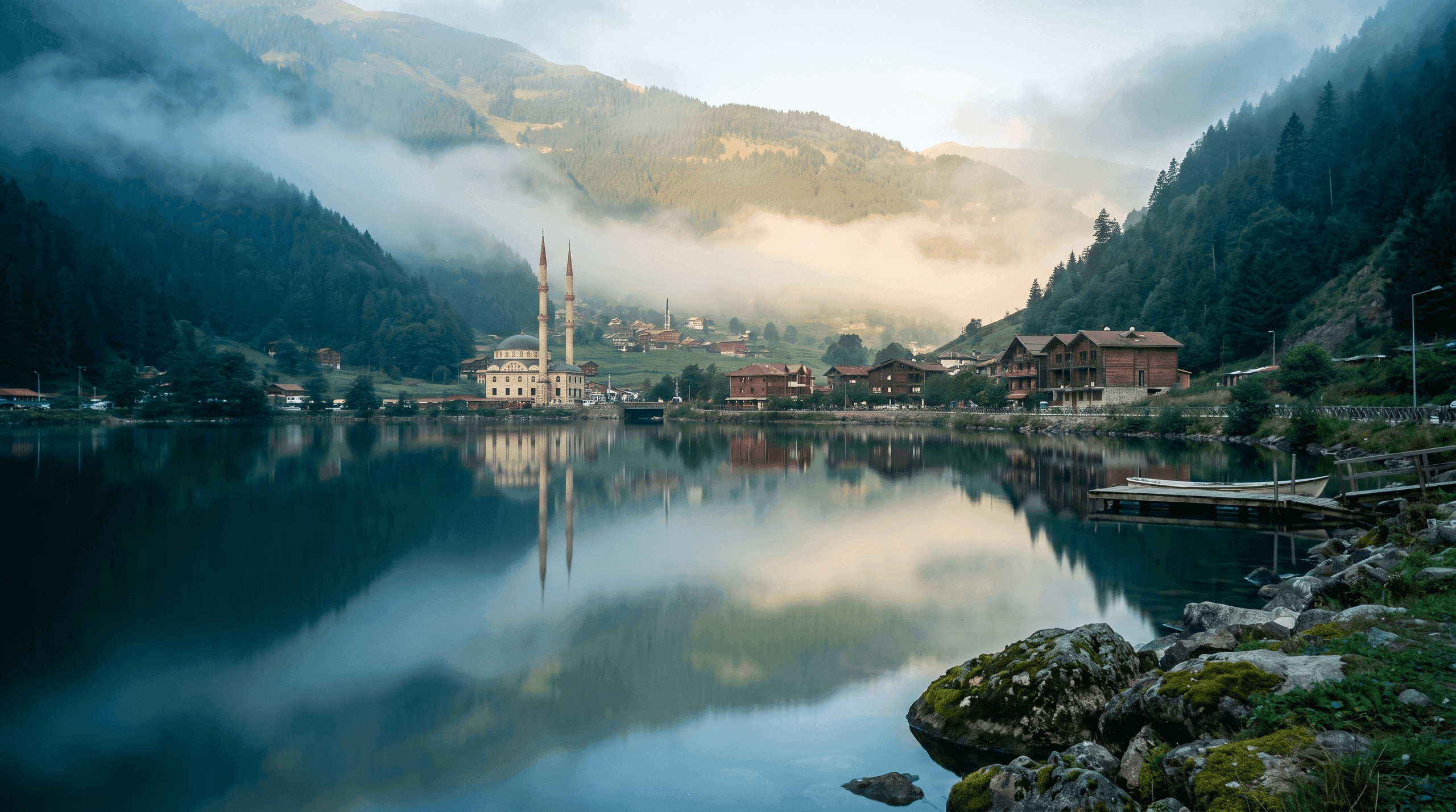 Uzungöl lake and mosque reflected in still water at dawn with misty mountains behind
