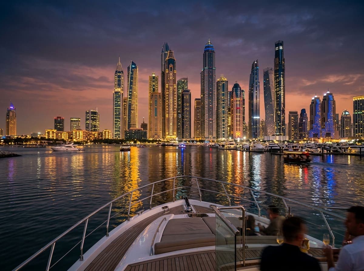 Dubai Marina skyline at dusk from the water