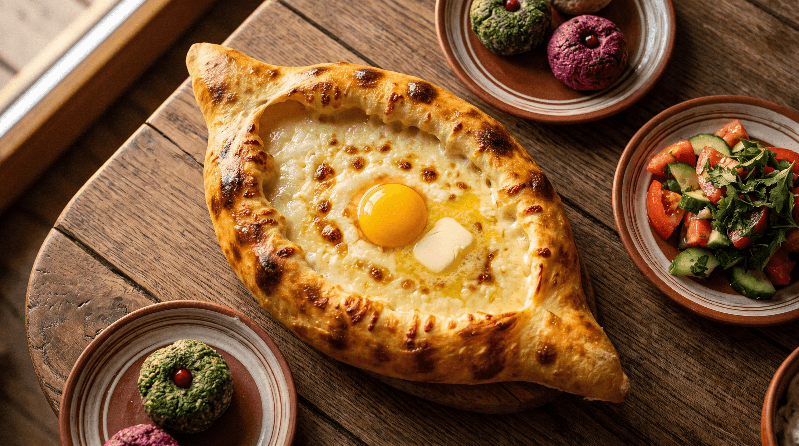Adjarian khachapuri with egg yolk and butter on a wooden table in Batumi