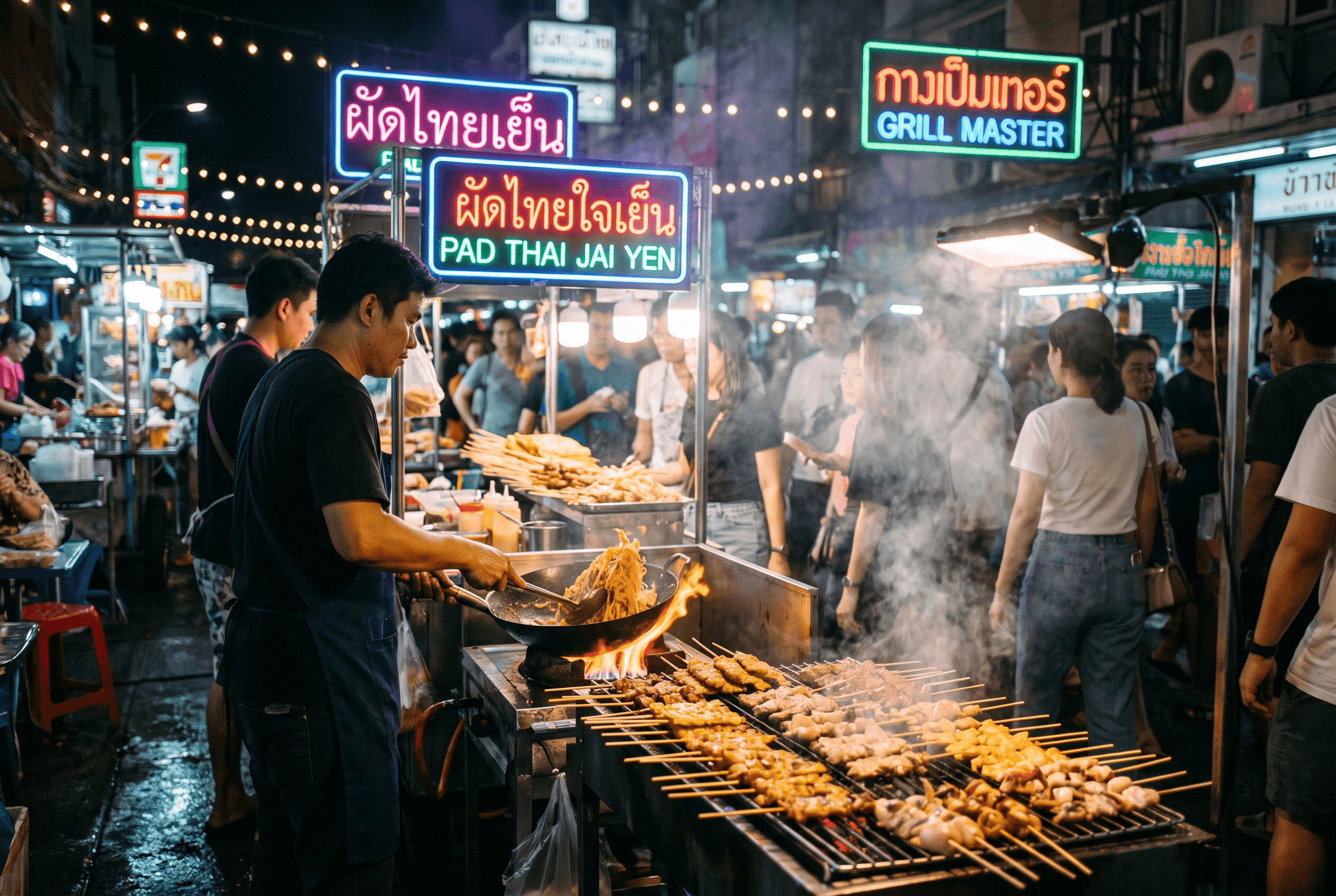 Bangkok street food stall with pad thai and grilled skewers at night
