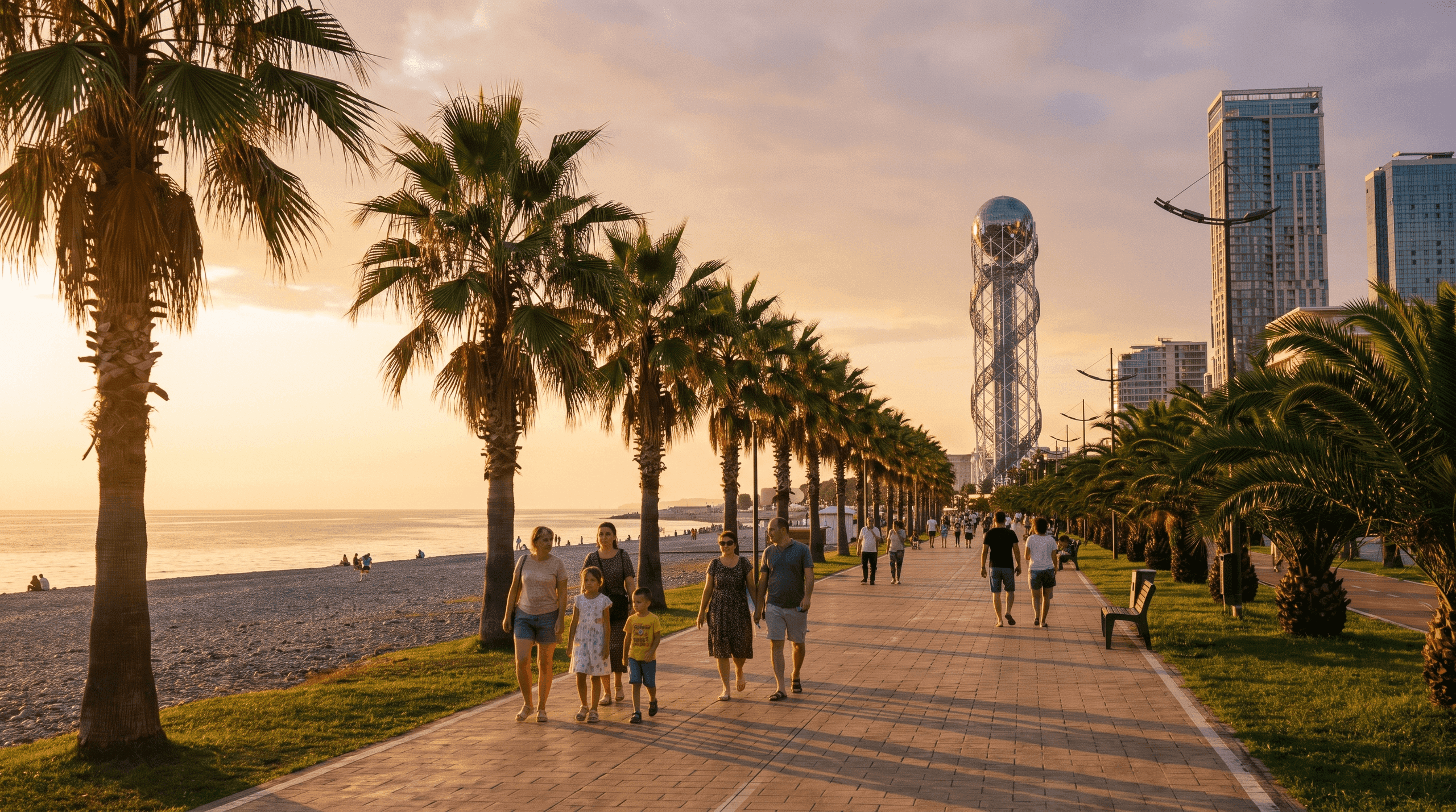 Palm-lined Batumi Boulevard at sunset with the Alphabet Tower and modern skyline
