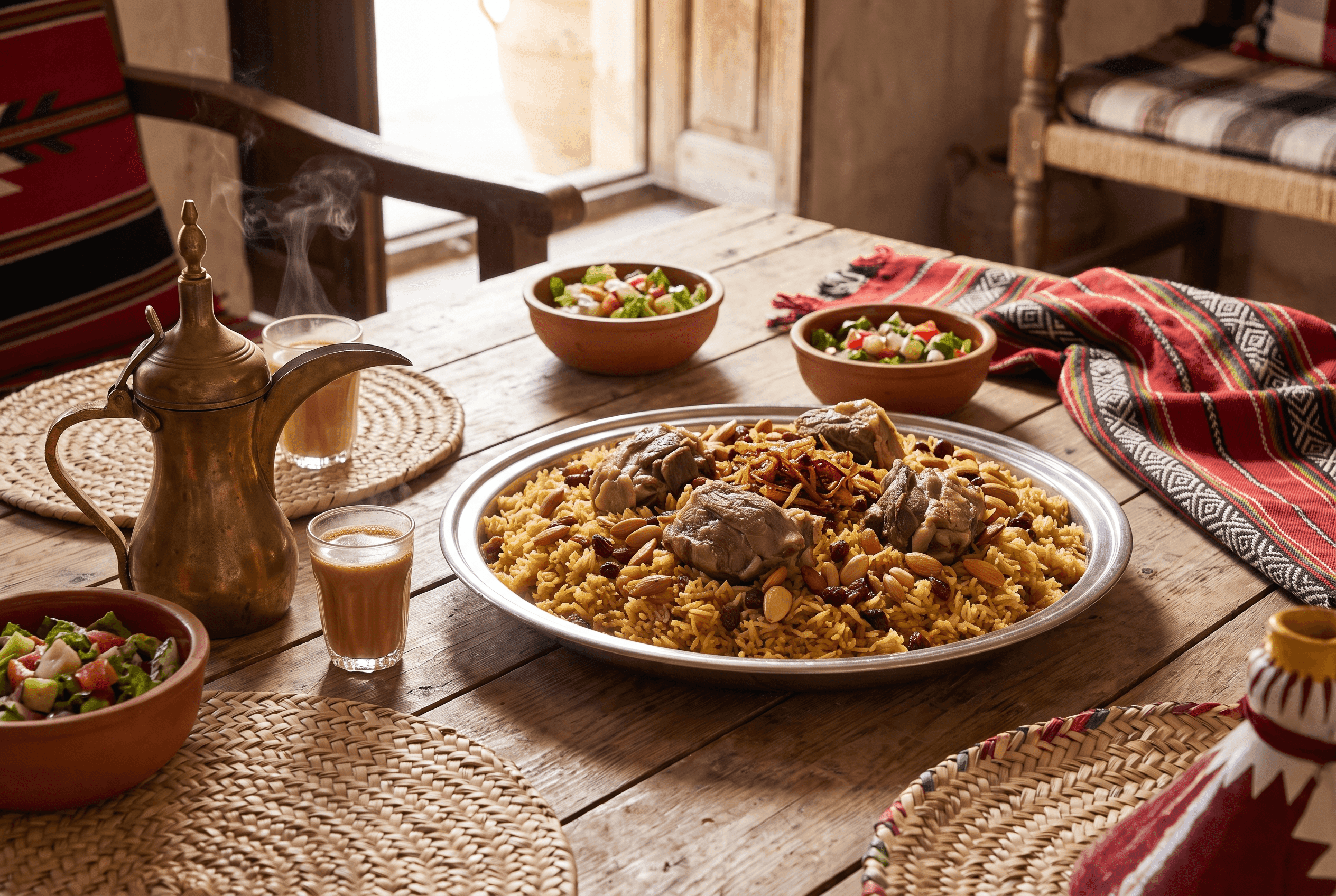 Qatari majboos rice with lamb and karak tea on a table