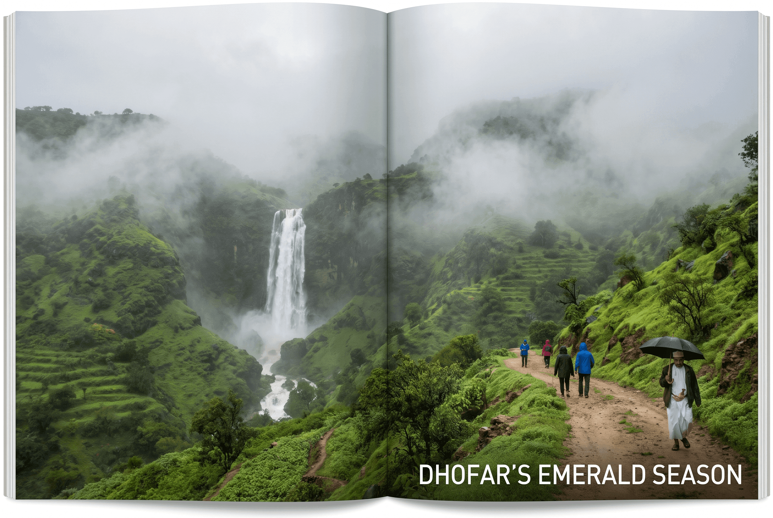 Salalah green mountains and waterfalls during khareef monsoon season
