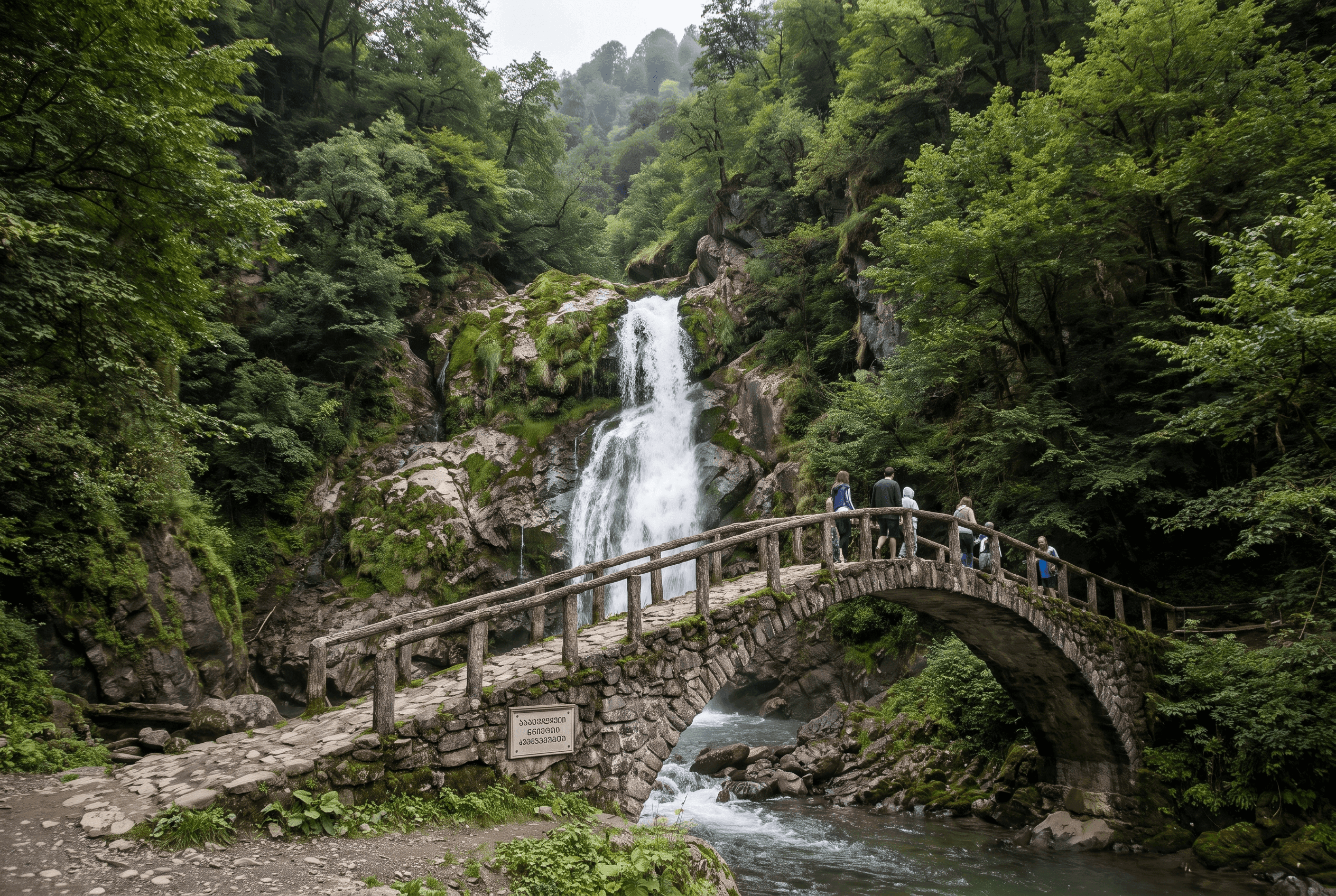 Makhuntseti waterfall and old stone arch bridge near Batumi